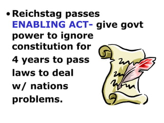 Reichstag passes  ENABLING ACT-  give govt  power to ignore constitution for  4 years to pass  laws to deal  w/ nations problems.  