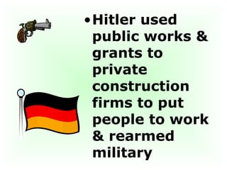 Hitler used public works & grants to private construction firms to put  people to work & rearmed military 