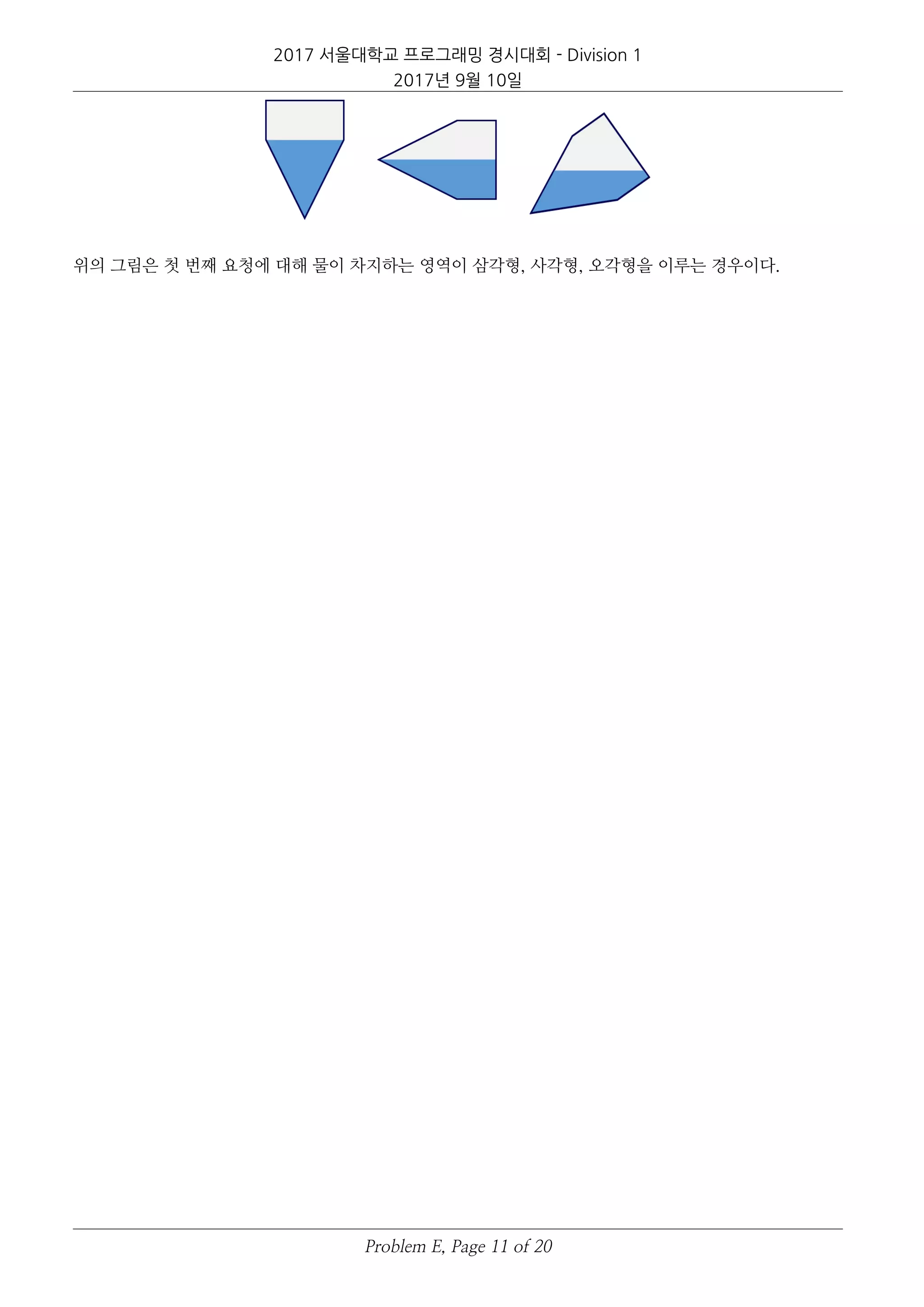 2017 서울대학교 프로그래밍 경시대회 - Division 1
2017년 9월 10일
위의 그림은 첫 번째 요청에 대해 물이 차지하는 영역이 삼각형, 사각형, 오각형을 이루는 경우이다.
Problem E, Page 11 of 20
 