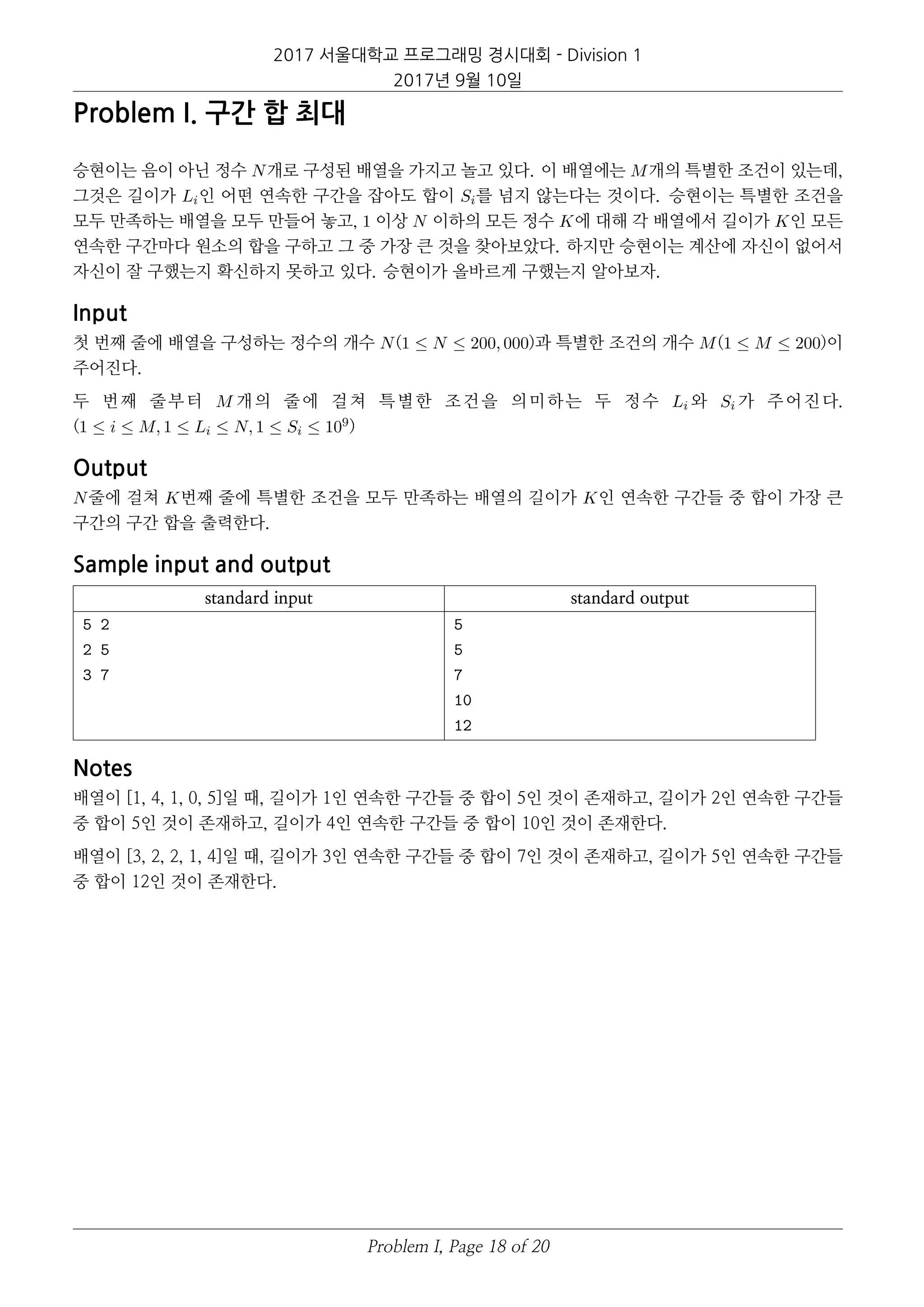 2017 서울대학교 프로그래밍 경시대회 - Division 1
2017년 9월 10일
Problem I. 구간 합 최대
승현이는 음이 아닌 정수 N개로 구성된 배열을 가지고 놀고 있다. 이 배열에는 M개의 특별한 조건이 있는데,
그것은 길이가 Li인 어떤 연속한 구간을 잡아도 합이 Si를 넘지 않는다는 것이다. 승현이는 특별한 조건을
모두 만족하는 배열을 모두 만들어 놓고, 1 이상 N 이하의 모든 정수 K에 대해 각 배열에서 길이가 K인 모든
연속한 구간마다 원소의 합을 구하고 그 중 가장 큰 것을 찾아보았다. 하지만 승현이는 계산에 자신이 없어서
자신이 잘 구했는지 확신하지 못하고 있다. 승현이가 올바르게 구했는지 알아보자.
Input
첫 번째 줄에 배열을 구성하는 정수의 개수 N(1 ≤ N ≤ 200, 000)과 특별한 조건의 개수 M(1 ≤ M ≤ 200)이
주어진다.
두 번째 줄부터 M 개의 줄에 걸쳐 특별한 조건을 의미하는 두 정수 Li 와 Si 가 주어진다.
(1 ≤ i ≤ M, 1 ≤ Li ≤ N, 1 ≤ Si ≤ 109)
Output
N줄에 걸쳐 K번째 줄에 특별한 조건을 모두 만족하는 배열의 길이가 K인 연속한 구간들 중 합이 가장 큰
구간의 구간 합을 출력한다.
Sample input and output
standard input standard output
5 2
2 5
3 7
5
5
7
10
12
Notes
배열이 [1, 4, 1, 0, 5]일 때, 길이가 1인 연속한 구간들 중 합이 5인 것이 존재하고, 길이가 2인 연속한 구간들
중 합이 5인 것이 존재하고, 길이가 4인 연속한 구간들 중 합이 10인 것이 존재한다.
배열이 [3, 2, 2, 1, 4]일 때, 길이가 3인 연속한 구간들 중 합이 7인 것이 존재하고, 길이가 5인 연속한 구간들
중 합이 12인 것이 존재한다.
Problem I, Page 18 of 20
 