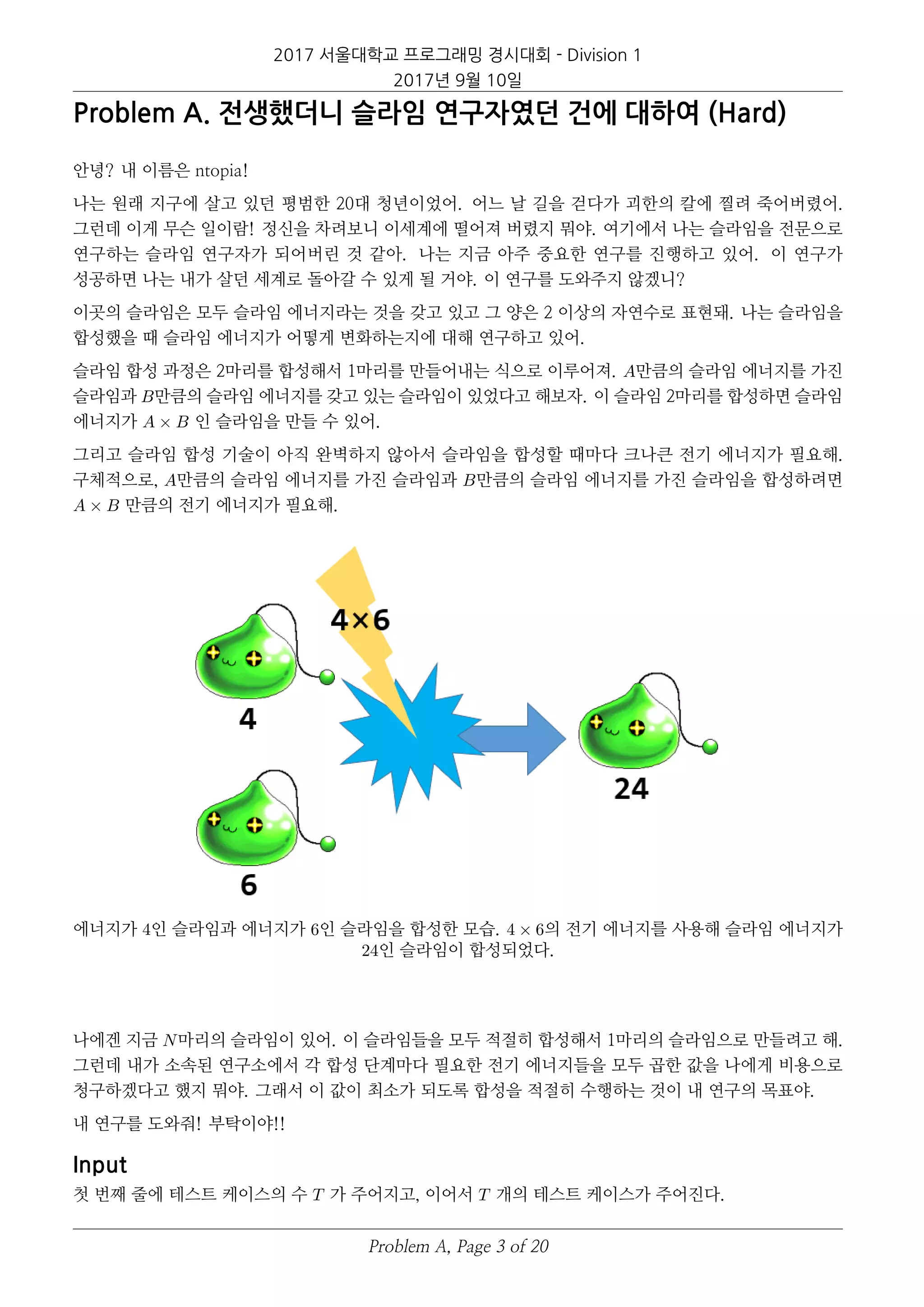 2017 서울대학교 프로그래밍 경시대회 - Division 1
2017년 9월 10일
Problem A. 전생했더니 슬라임 연구자였던 건에 대하여 (Hard)
안녕? 내 이름은 ntopia!
나는 원래 지구에 살고 있던 평범한 20대 청년이었어. 어느 날 길을 걷다가 괴한의 칼에 찔려 죽어버렸어.
그런데 이게 무슨 일이람! 정신을 차려보니 이세계에 떨어져 버렸지 뭐야. 여기에서 나는 슬라임을 전문으로
연구하는 슬라임 연구자가 되어버린 것 같아. 나는 지금 아주 중요한 연구를 진행하고 있어. 이 연구가
성공하면 나는 내가 살던 세계로 돌아갈 수 있게 될 거야. 이 연구를 도와주지 않겠니?
이곳의 슬라임은 모두 슬라임 에너지라는 것을 갖고 있고 그 양은 2 이상의 자연수로 표현돼. 나는 슬라임을
합성했을 때 슬라임 에너지가 어떻게 변화하는지에 대해 연구하고 있어.
슬라임 합성 과정은 2마리를 합성해서 1마리를 만들어내는 식으로 이루어져. A만큼의 슬라임 에너지를 가진
슬라임과 B만큼의 슬라임 에너지를 갖고 있는 슬라임이 있었다고 해보자. 이 슬라임 2마리를 합성하면 슬라임
에너지가 A × B 인 슬라임을 만들 수 있어.
그리고 슬라임 합성 기술이 아직 완벽하지 않아서 슬라임을 합성할 때마다 크나큰 전기 에너지가 필요해.
구체적으로, A만큼의 슬라임 에너지를 가진 슬라임과 B만큼의 슬라임 에너지를 가진 슬라임을 합성하려면
A × B 만큼의 전기 에너지가 필요해.
에너지가 4인 슬라임과 에너지가 6인 슬라임을 합성한 모습. 4 × 6의 전기 에너지를 사용해 슬라임 에너지가
24인 슬라임이 합성되었다.
나에겐 지금 N마리의 슬라임이 있어. 이 슬라임들을 모두 적절히 합성해서 1마리의 슬라임으로 만들려고 해.
그런데 내가 소속된 연구소에서 각 합성 단계마다 필요한 전기 에너지들을 모두 곱한 값을 나에게 비용으로
청구하겠다고 했지 뭐야. 그래서 이 값이 최소가 되도록 합성을 적절히 수행하는 것이 내 연구의 목표야.
내 연구를 도와줘! 부탁이야!!
Input
첫 번째 줄에 테스트 케이스의 수 T 가 주어지고, 이어서 T 개의 테스트 케이스가 주어진다.
Problem A, Page 3 of 20
 