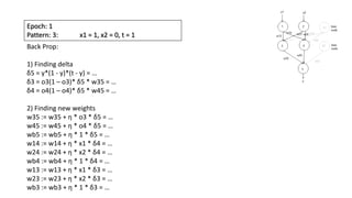 Epoch: 1
Pattern: 3: x1 = 1, x2 = 0, t = 1
Back Prop:
1) Finding delta
δ5 = y*(1 - y)*(t - y) = …
δ3 = o3(1 – o3)* δ5 * w35 = …
δ4 = o4(1 – o4)* δ5 * w45 = …
2) Finding new weights
w35 := w35 + η * o3 * δ5 = …
w45 := w45 + η * o4 * δ5 = …
wb5 := wb5 + η * 1 * δ5 = …
w14 := w14 + η * x1 * δ4 = …
w24 := w24 + η * x2 * δ4 = …
wb4 := wb4 + η * 1 * δ4 = …
w13 := w13 + η * x1 * δ3 = …
w23 := w23 + η * x2 * δ3 = …
wb3 := wb3 + η * 1 * δ3 = …
 