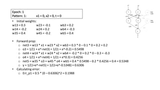Epoch: 1
Pattern: 1: x1 = 0, x2 = 0, t = 0
• Initial weights:
w13 = 0.3 w23 = -0.1 wb3 = 0.2
w14 = -0.2 w24 = 0.2 wb4 = -0.3
w35 = 0.4 w45 = -0.2 wb5 = 0.4
• Forward prop:
o net3 = w13 * x1 + w23 * x2 + wb3 = 0.3 * 0 – 0.1 * 0 + 0.2 = 0.2
o o3 = 1/(1 + e^-net3) = 1/(1 + e^-0.2) = 0.5498
o net4 = w14 * x1 + w24 * x2 + wb4 = -0.2 * 0 + 0.2 * 0 – 0.3 = -0.3
o o4 = 1/(1 + e^-net4) = 1/(1 + e^0.3) = 0.4256
o net5 = w35 * o3 + w45 * o4 + wb5 = 0.4 * 0.5498 – 0.2 * 0.4256 + 0.4 = 0.5348
o y = 1/(1+e^-net5) = 1/(1+e^-0.5348) = 0.6306
• Calculating error:
o Err_p1 = 0.5 * (0 – 0.6306)^2 = 0.1988
 