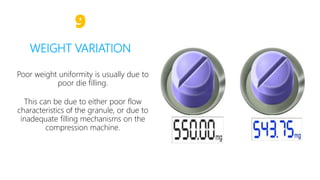 Poor weight uniformity is usually due to
poor die filling.
This can be due to either poor flow
characteristics of the granule, or due to
inadequate filling mechanisms on the
compression machine.
9
WEIGHT VARIATION
21
 