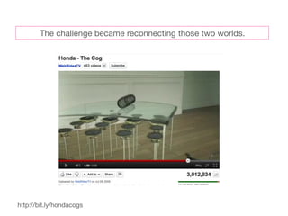 The challenge became reconnecting those two worlds.




http://bit.ly/hondacogs
 