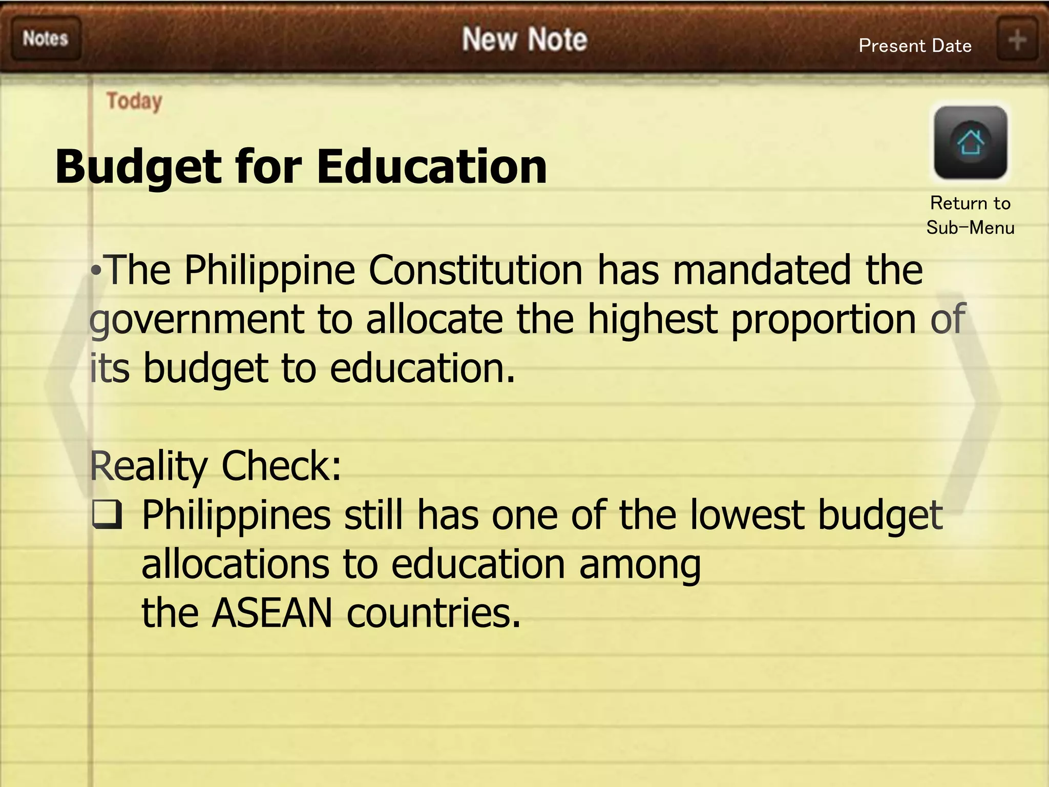 Present Date
Budget for Education
•The Philippine Constitution has mandated the
government to allocate the highest proportion of
its budget to education.
Reality Check:
 Philippines still has one of the lowest budget
allocations to education among
the ASEAN countries.
Return to
Sub-Menu
 