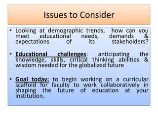 Issues to Consider
• Looking at demographic trends, how can you
meet educational needs, demands &
expectations of its stakeholders?
• Educational challenges: anticipating the
knowledge, skills, critical thinking abilities &
wisdom needed for the globalized future
• Goal today: to begin working on a curricular
scaffold for faculty to work collaboratively in
shaping the future of education at your
institution.
 