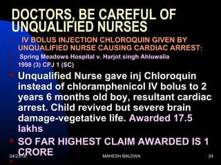 04/23/18 MAHESH BALDWA 24
DOCTORS, BE CAREFUL OF
UNQUALIFIED NURSES

IV BOLUS INJECTION CHLOROQUIN GIVEN BY
UNQUALIFIED NURSE CAUSING CARDIAC ARREST:
 Spring Meadows Hospital v. Harjot singh Ahluwalia
 1998 (3) CPJ 1 (SC)
 Unqualified Nurse gave inj Chloroquin
instead of chloramphenicol IV bolus to 2
years 6 months old boy, resultant cardiac
arrest. Child revived but severe brain
damage-vegetative life. Awarded 17.5
lakhs
 SO FAR HIGHEST CLAIM AWARDED IS 1
CRORE

 