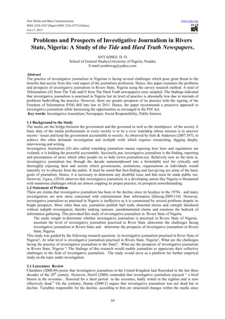Problems and prospects of investigative journalism in rivers state ...