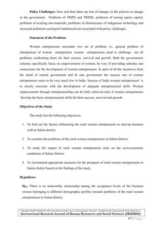 Problems and prospects of the rural women entrepreneurs in india | PDF