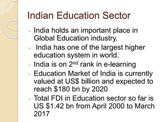 Indian Education Sector
- India holds an important place in
Global Education industry.
- India has one of the largest higher
education system in world.
- India is on 2nd rank in e-learning
- Education Market of India is currently
valued at US$ billion and expected to
reach $180 bn by 2020
- Total FDI in Education sector so far is
US $1.42 bn from April 2000 to March
2017
 