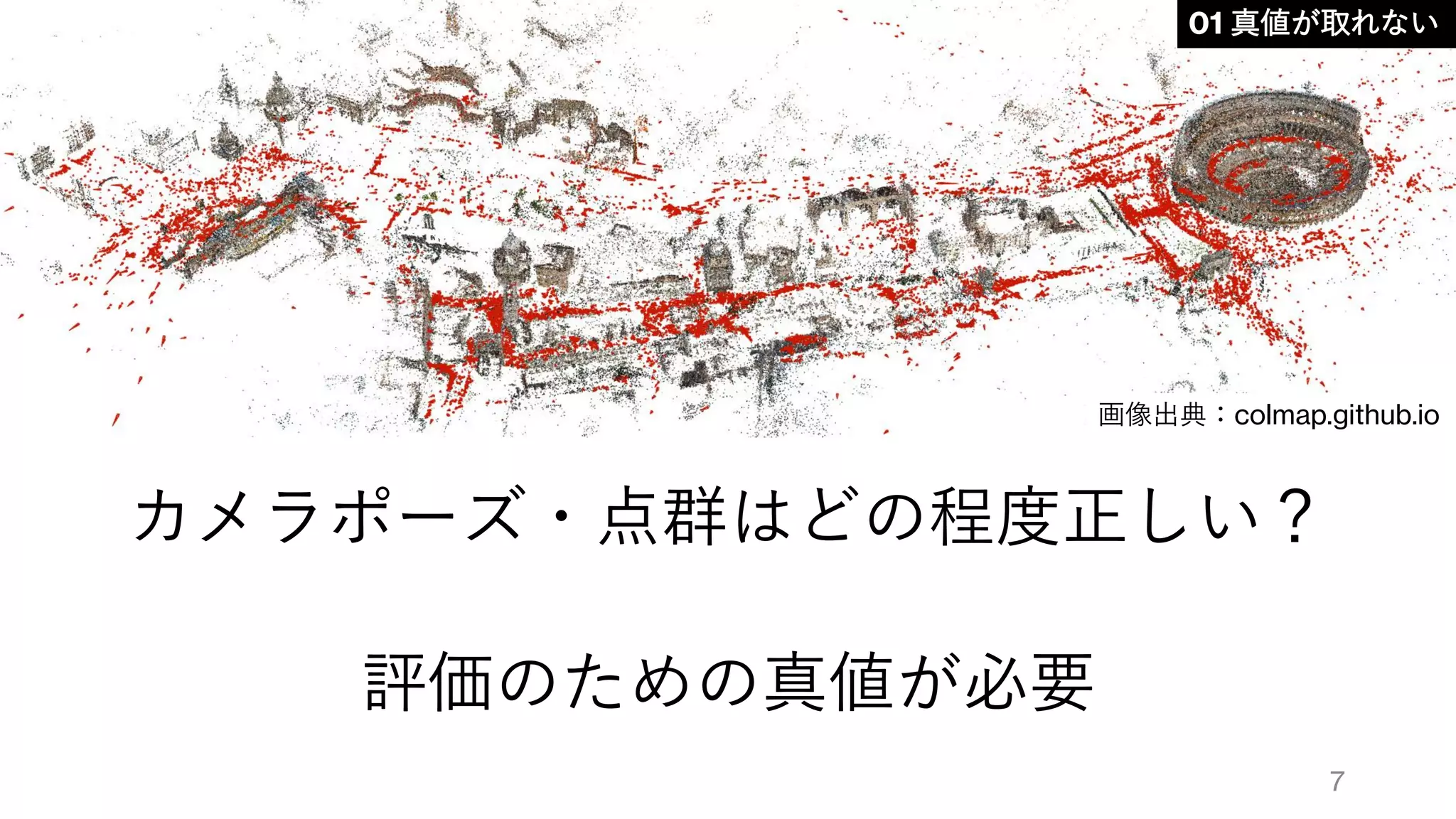 カメラポーズ・点群はどの程度正しい？
評価のための真値が必要
7
01 真値が取れない
画像出典：colmap.github.io
 