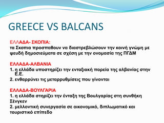 GREECE VS BALCANS
ΕΛΛΑΔΑ- ΣΚΟΠΙΑ:
τα Σκοπια προσπαθουν να διαστρεβλώσουν την κοινή γνώμη με
ψευδή δημοσιεύματα σε σχέση με την ονομασία της ΠΓΔΜ
ΕΛΛΑΔΑ-ΑΛΒΑΝΙΑ
1. η ελλάδα υποστηρίζει την ενταξιακή πορεία της αλβανίας στην Ε.Ε.
2. ενθαρρύνει τις μεταρρυθμίσεις που γίνονται
ΕΛΛΑΔΑ-ΒΟΥΛΓΑΡΙΑ
1. η ελλάδα στηρίζει την ένταξη της Βουλγαρίας στη συνθήκη
Σένγκεν
2. μελλοντική συνεργασία σε οικονομικό, διπλωματικό και
τουριστικό επίπεδο
 