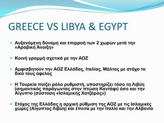 GREECE VS LIBYA & EGYPT
 Αυξανόμενη δύναμη και επιρροή των 2 χωρών μετά την «Αραβική Άνοιξη»
 Κοινή γραμμή σχετικά με την ΑΟΖ
 Αμφισβητούν την ΑΟΖ Ελλάδας, Ιταλίας, Μάλτας με στόχο το δικό τους
όφελος
 Η Τουρκία παίζει ρόλο ρυθμιστή, υποστηρίζει τόσο τη Λιβύη (σημαντικός
παράγωντας στην πτώση Καντάφι) όσο και την Αίγυπτο (σύσταση «Ισλαμικής
Χατζάρας»)
 Στόχος της Ελλάδας η αρχική ρύθμιση της ΑΟΖ με τις Ισλαμικές χώρες
(Αίγυπτος Λιβύη) και έπειτα με την Ιταλία και την Αλβανία
 