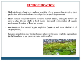 EUTROPHICATION
• Moderate inputs of nutrients can have beneficial effects because they stimulate plant
production, which can lead to enhanced productivity of living resources.
• Many coastal ecosystems receive excessive nutrient inputs, leading to harmful or
noxious algal blooms, shifts in food chains , increased sedimentation of organic
particles and depletion of dissolved oxygen.
• Eutrophication has caused oxygen depletion (hypoxia) and even elimination of
oxygen (anoxia)
• Sea grass populations may decline because phytoplankton and epiphytic algae reduce
the light available to sea grasses growing on the seafloor.
 