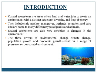 INTRODUCTION
 Coastal ecosystems are areas where land and water join to create an
environment with a distinct structure, diversity, and flow of energy.
 They include salt marshes, mangroves, wetlands, estuaries, and bays
and are home to many different types of plants and animals.
 Coastal ecosystems are also very sensitive to changes in the
environment.
 The three drivers of environmental change—climate change,
population growth and economic growth—result in a range of
pressures on our coastal environment.
 