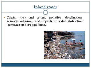 Inland water
 Coastal river and estuary pollution, desalination,
seawater intrusion, and impacts of water abstraction
(removal) on flora and fauna.
 