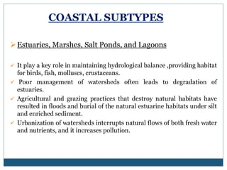 COASTAL SUBTYPES
Estuaries, Marshes, Salt Ponds, and Lagoons
 It play a key role in maintaining hydrological balance ,providing habitat
for birds, fish, molluscs, crustaceans.
 Poor management of watersheds often leads to degradation of
estuaries.
 Agricultural and grazing practices that destroy natural habitats have
resulted in floods and burial of the natural estuarine habitats under silt
and enriched sediment.
 Urbanization of watersheds interrupts natural flows of both fresh water
and nutrients, and it increases pollution.
 