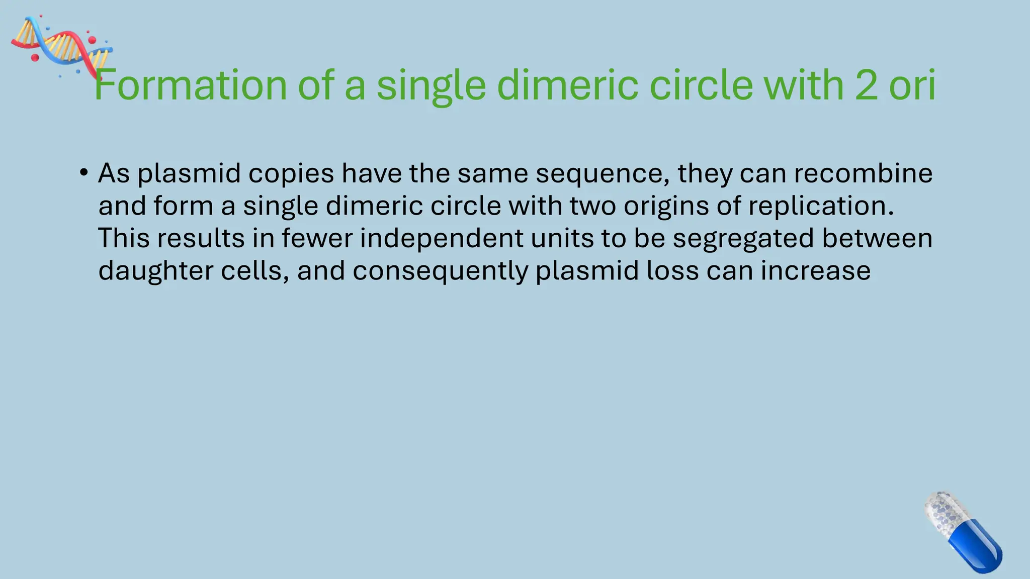 Formation of a single dimeric circle with 2 ori
• As plasmid copies have the same sequence, they can recombine
and form a single dimeric circle with two origins of replication.
This results in fewer independent units to be segregated between
daughter cells, and consequently plasmid loss can increase
 