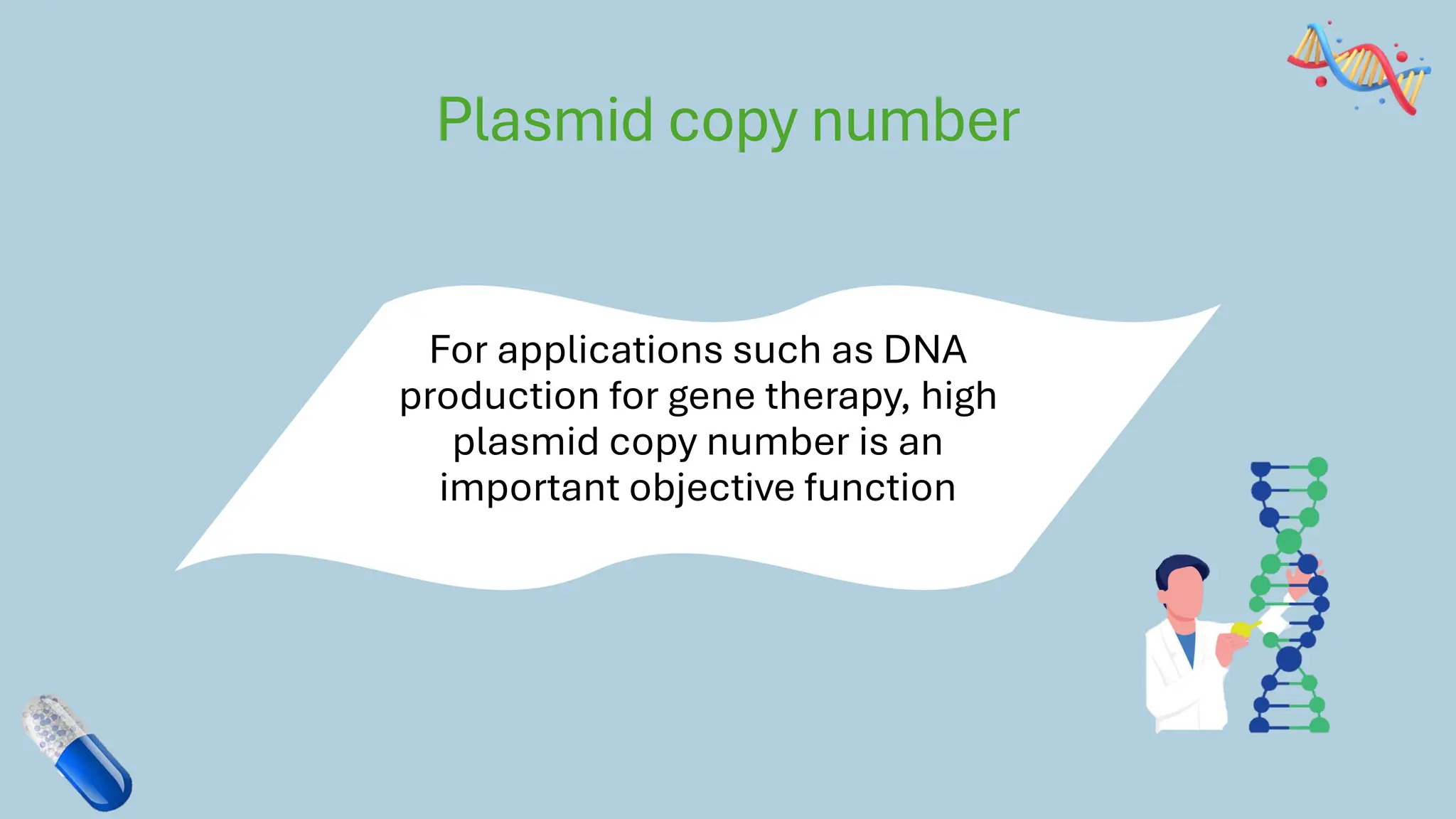Plasmid copy number
For applications such as DNA
production for gene therapy, high
plasmid copy number is an
important objective function
 
