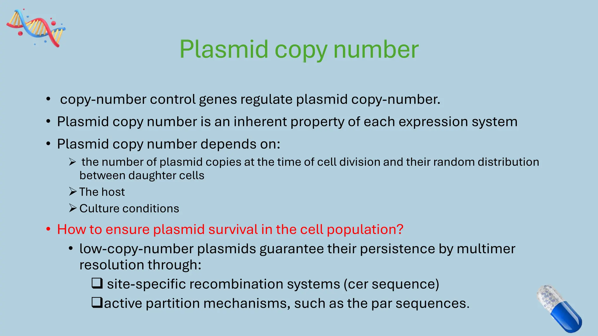 Plasmid copy number
• copy-number control genes regulate plasmid copy-number.
• Plasmid copy number is an inherent property of each expression system
• Plasmid copy number depends on:
➢ the number of plasmid copies at the time of cell division and their random distribution
between daughter cells
➢The host
➢Culture conditions
• How to ensure plasmid survival in the cell population?
• low-copy-number plasmids guarantee their persistence by multimer
resolution through:
❑ site-specific recombination systems (cer sequence)
❑active partition mechanisms, such as the par sequences.
 