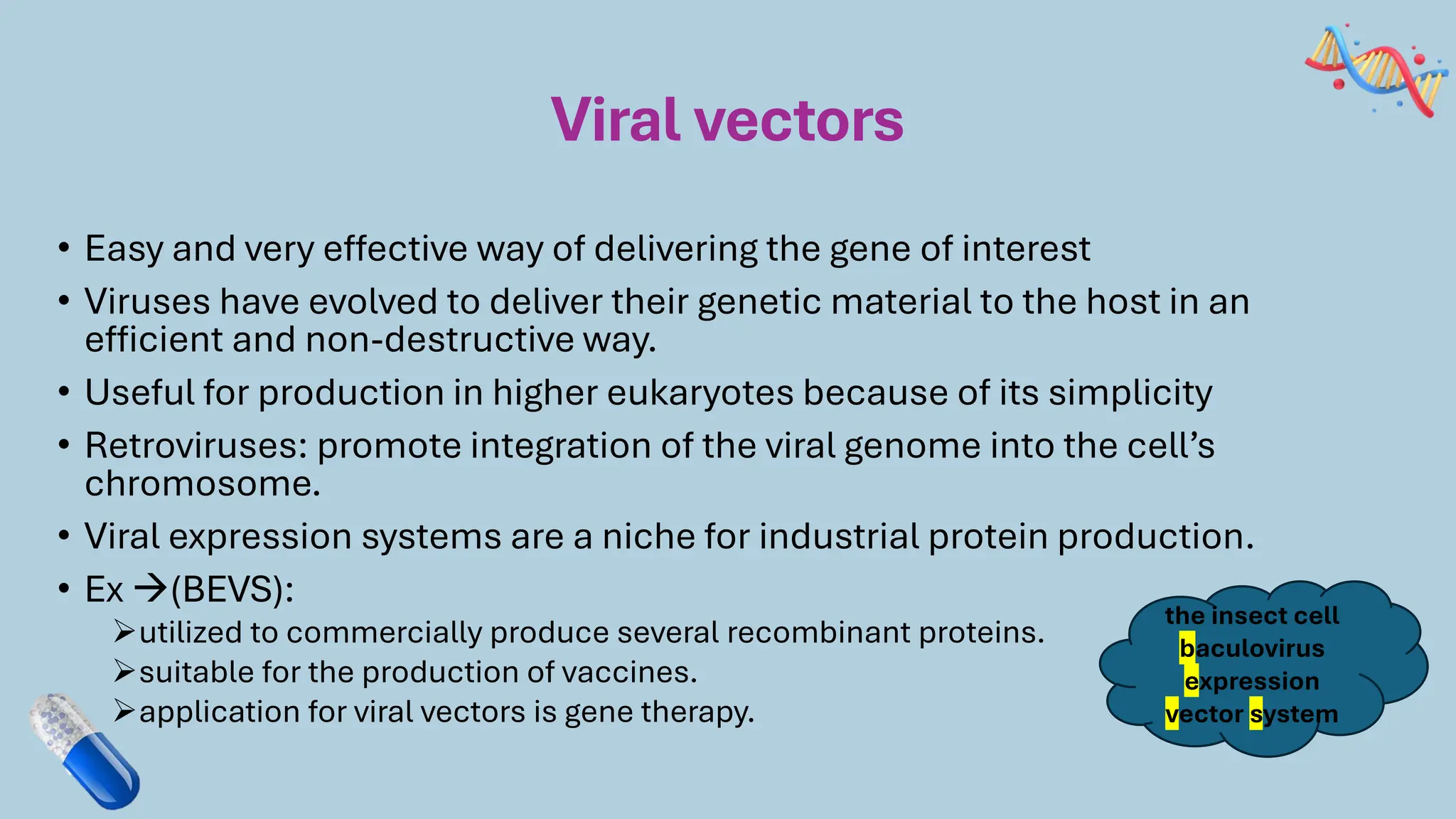 Viral vectors
• Easy and very effective way of delivering the gene of interest
• Viruses have evolved to deliver their genetic material to the host in an
efficient and non-destructive way.
• Useful for production in higher eukaryotes because of its simplicity
• Retroviruses: promote integration of the viral genome into the cell’s
chromosome.
• Viral expression systems are a niche for industrial protein production.
• Ex →(BEVS):
➢utilized to commercially produce several recombinant proteins.
➢suitable for the production of vaccines.
➢application for viral vectors is gene therapy.
the insect cell
baculovirus
expression
vector system
 