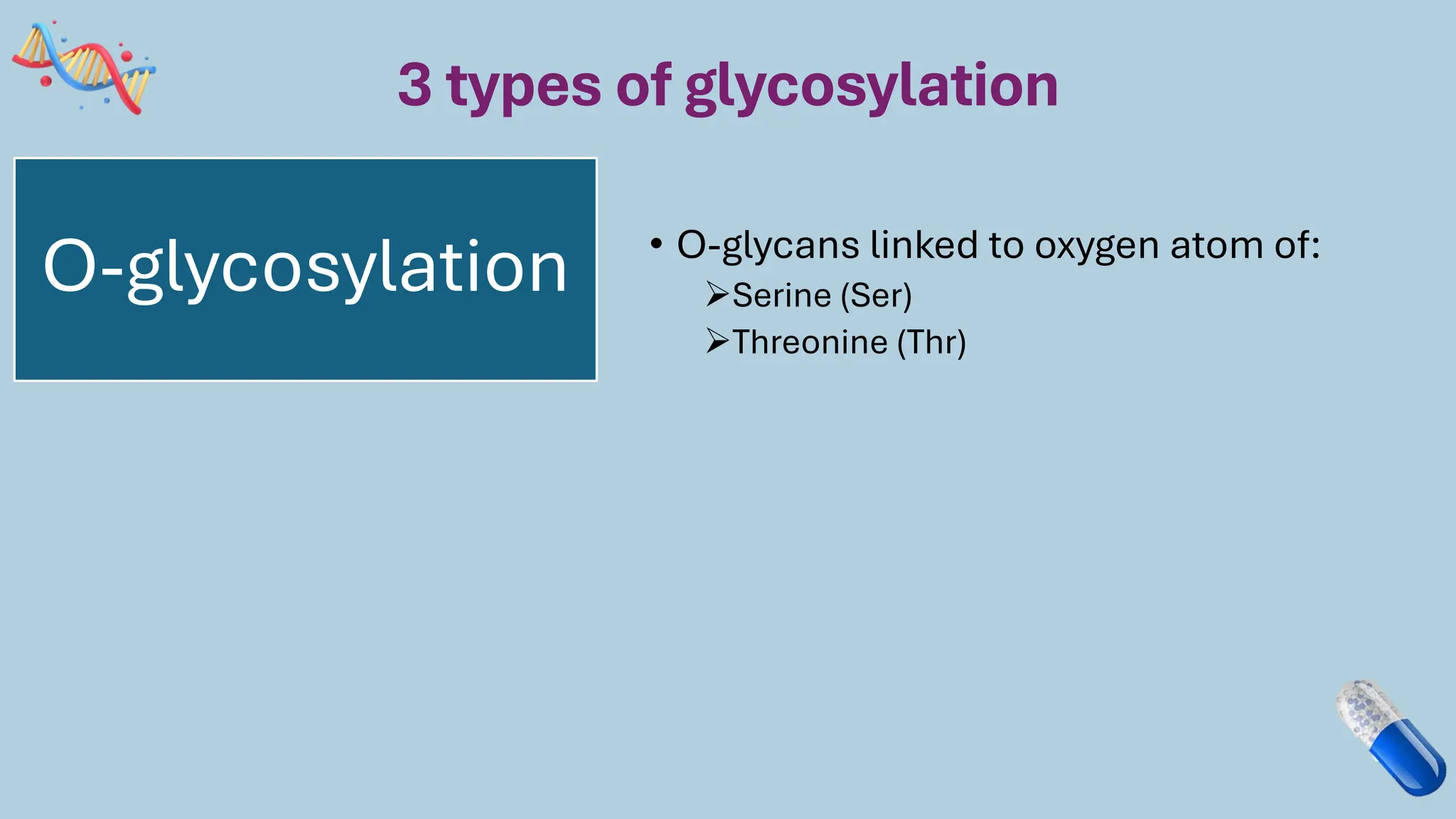 3 types of glycosylation
• O-glycans linked to oxygen atom of:
➢Serine (Ser)
➢Threonine (Thr)
O-glycosylation
 