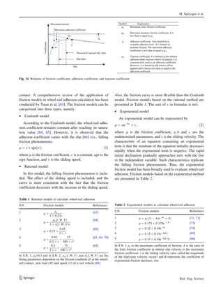 contact. A comprehensive review of the application of
friction models in wheel-rail adhesion calculation has been
conducted by Yuan et al. [63]. The friction models can be
categorised into three types, namely:
• Coulomb model
According to the Coulomb model, the wheel-rail adhe-
sion coefficient remains constant after reaching its satura-
tion value [64, 65]. However, it is observed that the
adhesion coefficient varies with the slip [66] (i.e., falling
friction phenomenon).
l ¼ c  sgn v
ð Þ; ð1Þ
where l is the friction coefficient, c is a constant, sgn is the
sign function, and v is the sliding speed.
• Rational model
In this model, the falling friction phenomenon is inclu-
ded. The effect of the sliding speed is included, and the
curve is more consistent with the fact that the friction
coefficient decreases with the increase in the sliding speed.
Also, the friction curve is more flexible than the Coulomb
model. Friction models based on the rational method are
presented in Table 1. The unit of v in formulas is m/s.
• Exponential model
An exponential model can be represented by
l ¼ aebv
þ c; ð2Þ
where l is the friction coefficient, a; b and c are the
undetermined parameters, and v is the sliding velocity. The
characteristic of an equation containing an exponential
term is that the resultant of the equation initially decreases
rapidly when the exponential term is negative. The rapid
initial declination gradually approaches zero with the rise
in the independent variable. Such characteristics replicate
the falling friction phenomenon. Thus, the exponential
friction model has been broadly used to evaluate wheel-rail
adhesion. Friction models based on the exponential method
are presented in Table 2.
Slip
Coefficients
Theoretical optimal slip value
Slip limit
Maximum adhesion coefficient
Maximum traction Symbol Explanation
Maximum static friction coefficient.
Maximum dynamic friction coefficient. It is
less than or equal to .
Adhesion coefficient. Also identified as
available adhesion level. It is limited by
dynamic friction. The maximum adhesion
coefficient is less than or equal to .
Traction coefficient. It is defined as the utilised
adhesion under traction control. In general, it is
synonymously used as an adhesion coefficient.
However, it is limited by the tractive effort
applied and is always less than or equal to the
adhesion coefficient.
Fig. 14 Relation of friction coefficient, adhesion coefficient, and traction coefficient
Table 1 Rational models to calculate wheel-rail adhesion
S.N. Friction models References
1 l ¼
ls
1 þ 0:23v
[67]
2
l ¼
lsðf; W; VÞ
1 þ a f; W; V
ð Þv
[68]
3
l ¼ 0:15 þ
0:45
3 þ v
[69]
4
l ¼
0:03
0:2 þ v
þ
15
100 þ v2
[65, 69, 70]
5
l ¼
0:3
2 þ v
þ
15
100 þ v2
[65]
In S.N. 1, ls=0.3 and in S.N. 2, ls f; W; V
ð Þ and a f; W; V
ð Þ are the
fitting parameters dependent on the friction condition (f) at the wheel-
rail contact, axle load (W) and speed (V) of a rail vehicle [68]
Table 2 Exponential models to calculate wheel-rail adhesion
S.N. Friction models References
1 l ¼ lsð 1  A
ð ÞeBv
þ AÞ [71, 72]
2 l ¼ 0:175 þ 0:175e1:5v [73]
3 l ¼ 0:32 þ 0:18e6v [74]
4 l ¼ 0:15 þ 0:15elog2v
3 [69]
5 l ¼ 0:33 þ 0:18elog2 v
1:25 [66]
In S.N. 1 ls is the maximum coefficient of friction, A is the ratio of
the limit friction coefficient at infinity slip velocity to the maximum
friction coefficient, v is the sliding velocity (also called the magnitude
of the slip/creep velocity vector) and B represents the coefficient of
exponential friction decrease, s/m
M. Spiryagin et al.
123 Rail. Eng. Science
 