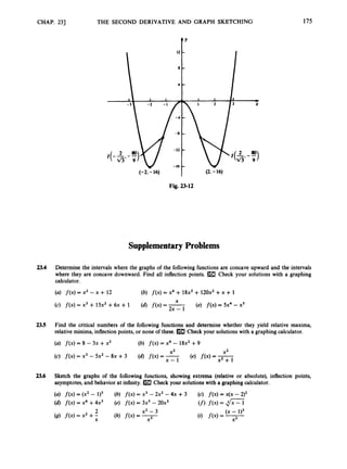 CHAP. 231
23.4
23.5
23.6
THE SECOND DERIVATIVE AND GRAPH SKETCHING
t’
I
(-2, -16)
Fig. 2312
SupplementaryProblems
175
Determine the intervals where the graphs of the following functions are concave upward and the intervals
where they are concave downward. Find all inflection points. aCheck your solutions with a graphing
calculator.
(a) f(x) = X2 -x + 12 (b) f(x) = x4 + 18x3+ 1 2 0 ~ ~
+x + 1
X
(C) f(x) = x3 + 15x2+6~ + 1 (a) f(x) = (e) f ( x )= 5x4-x5
Find the critical numbers of the following functions and determine whether they yield relative maxima,
relative minima, inflection points, or none of these. Check your solutions with a graphing calculator.
(U) f(x) = 8 - 3~ +X’ (b) f(x) = x4 - 18x2+9
X2 X2
(c) f ( x ) = x3 - 5x2- 8~ + 3 (a) f(x) = x-l (4 f ( x ) =
Sketch the graphs of the following functions, showing extrema (relative or absolute), inflection points,
asymptotes, and behavior at infinity. Check your solutions with a graphing calculator.
(a) f(x) = (xz - 1
1
3 (b) f(x) = x3 - 2x2 - 4x +3 iC) f(x) = x(x - 212
(d) f(x) = x4 +4x3 (e) f(x) = 3x5- 2oX3 (f)f(x) = d=
 