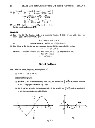 206 GRAPHS AND DERIVATIVES OF SINE AND COSINE FUNCTIONS [CHAP. 27
1 -cos e 1 +cos e 1 - cos2 e
= lim
i - m s e
(b) lim = lim
e-ro 6 0-0 8 1+cos 0 e+o e(l +cos 0)
sin 8 sin 8
Xlim-0
sin2 8
= lim
= lim - lim
Theorem 2
7
.
2
; D,(sin x) = cos x and D,(cos x) = -sin x.
0-0 e(l +cos 8) e+o 0 1 +cos 8
0 4 0 8 e-ro 1 +cos8 1 + 1
= I * - = O O
sin 8 sin 8
For the proof, see Problem 27.5.
EXAMPLES
(a) Find DJsin 2x). The function sin 2x is a composite function. If f ( x )= 2x and g(x) = sin x, then
sin 2x = g(f(x)).The chain rule (15.2)gives
or
(b) Find Dx(c0s4x). The function cos4x is a composite function. Iff(x) = cos x and g(x) = x4, then
cos4 x = (COS
x ) ~
= g(f(x))
Therefore, D,(c0s4 x) = D,((cos x)~)
= *cos x ) ~D,(cos x)
= qcos x)’ (-sin x)
= -4 cos3 x sin x
[by the power chain rule]
Solved Problems
27.1 Find the period, frequency,and amplitude of:
X 1
2 2
(a) 4 sin - (b) -cos 3x
and sketch their graphs.
2n 2n
(a) For 4 sin i x A sin bx, the frequency isf= 6 = 4, the period is p = -= -= 4n, and the amplitude
f 3
is A = 4. The graph is sketched in Fig. 27-qa).
2n 2n
(b) For 4 cos 3x E A cos bx, the frequencyf is b = 3, the period is p = -= - and the amplitude is
b 3 ’
A = 4. The graph is sketched in Fig. 27-6(b).
Fig. 27-6
 