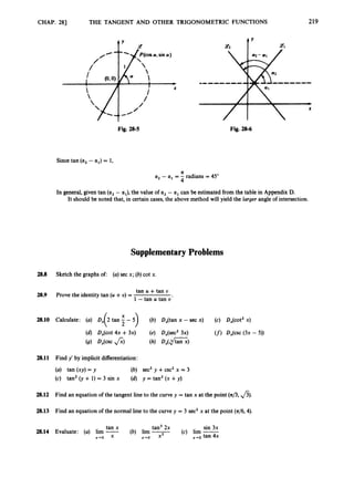 CHAP. 281 THE TANGENT AND OTHER TRIGONOMETRIC FUNCTIONS 219
9 7 t'
Fig. 28-5
Since tan (a2- al) = 1,
Fig. 28-6
II
a2 - al= - radians = 45"
4
In general, given tan (a2 - al), the value of a2 - alcan be estimated from the table in Appendix D.
It should be noted that, in certain cases,the above method will yield the larger angle of intersection.
Supplementary Problems
28.8 Sketch the graphs of: (a)sec x; (b)cot x.
tan U +tan U
1 -tan U tan U'
28.9 Prove the identity tan (U +U ) =
28.11 Find y' by implicit differentiation:
(4 tan ( X Y ) = Y (b) sec' y +csc2x = 3
(c) tan2 (y + 1) = 3 sin x (4 y = tan2 (x +y)
28.12 Find an equation of the tangent line to the curve y = tan x at the point ( 4 3 ,fi).
28.13 Find an equation of the normal line to the curve y = 3 sec2x at the point (z/6,4).
tan x tan3 2x sin 3x
28.14 Evaluate: (a) lim - (b) lim - (c) lim -
x-ro x x-ro x3 x-ro tan 4x
 