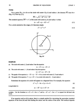 16 GRAPHS OF EQUATIONS [CHAP. 3
Circles
For a point P(x, y) to lie on the circle with center C(a,b) and radius r, the distance pc must be r
(Fig. 3-5). Now by (24,
-
PC = J(x -a)2+(y -
The standard equation,E2
= r2, of the circle with center (a,b) and radius r is then
(x - a)2+(y - b)2 = r2
x2 +y2 = r2
For a circle Entered at the origin,(3.1)becomes simply
t’
Fig. 3-5
EXAMPLES
(a) The circle with center (1,2)and radius 3 has the equation
(x - 1)2 +(y - 2)2 = 9
(b) The circle with center (- 1,4) and radius 6 has the equation
(X + 1)2 +(y - 4)2 = 36
(c) The graph of the equation (x - 3)2 +(y - 7)2= 16 is a circle with center (3, 7)and radius 4.
(d) The graph of the equation x2 +(y +2)2 = 1 is a circle with center (0, -2) and radius 1.
Sometimesthe equation of a circle will appear in a disguised form. For example,the equation
x2 +y2 - 6x +2y +6 = 0 (ii)
is equivalent to
(x - 3)2 +(y + 1)2= 4 (iii)
ALOBBRA Use the formulas (U+U)’ = u2 +2uo +o2 and (U - u ) ~
= u2- 2uo +o2 to expand the left-hand side
of (iii).
If an equation such as (ii) is given, there is a simple method for recovering the equivalent standard
equation of the form (iii) and thus finding the center and the radius of the circle. T
h
i
s method depends
 