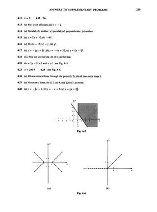ANSWERS TO SUPPLEMEWARY PROBLEMS 339
4.11 k -9. 4.12 NO.
4.13 (a)Yes; (c) in all cua;
(a)k = -4.
414 (a] Yvrlkl:(h)&her; (c)paralkl;(d)perpendimtar;(c) neither.
115 (a)y -fx +32;(h) -40".
116 (a)10; (6) -15; (c) -f ;(d)9.
117 ( 4 y = -+X +#;(b)y - 4 ~
+3 2 : ( ~ ) p
;
X -4.
118 (12.9) is not an the linc;(d, 3)is on tbc line.
4
.
2
2 4x +3y -9 >Oondx > I;= F
i
g A-5.
4
.
2
3 x<200/3. 4J4 SacFig.A-6.
166 (U) AN nonvcrtid lines throughtbe point (0.2); (b)all Lineswith slope3.
4.27 (4Horizmlal lina;(b)(4
2; (194; (If04;(h13; (n)none.
a (a)y- -$x +3 ; ( b ) ~ -- X +9 ; ( ~ ) y m 4 ~ + # .
f'
 