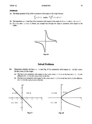 CHAP. 61 SYMMETRY 43
EXAMPLES
(a) The ellipsegraphed in Fig. 6-4(b)is symmetric with respect to the origin because
X2 (-XI2
-+y2 = 1 implies -+( - Y ) ~= 1
4 4
(b) The hyperbola xy = 1(see Fig. 6-6)is symmetric with respect to the origin,for if xy = 1, then (-x)(- y) = 1.
(c) If y = ax, then - y = a(-x). Hence, any straight line through the origin is symmetric with respect to the
origin.
Fig. 6-6
Solved Problems
6.1 Determine whether the line y = --x (see Fig. 6-7) is symmetric with respect to: (a) the x-axis;
(b) the y-axis; (c) the origin.
(U) The line is not symmetric with respect to the x-axis, since (-1, 1) is on the line, but (-1, -l), the
reflection of (- 1, 1)in the x-axis, is not on the line.
(b) The line is not symmetricwith respect to the y-axis, since (- 1, 1)is on the line, but (1, l), the reflection
of (- 1, 1) in the y-axis, is not on the line.
t'
,
U
I 2 3
Fig. 6-7 Fig. 6 8
 