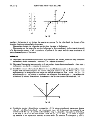 CHAP. 71 FUNCTIONS AND THEIR GRAPHS
2718
A Y
(4
Fig. 7-3
47
numbers; the function is not defined for negative arguments. On the other hand, the domain of the
doubling function consists of all real numbers.
The numbers that are the values of a function form the range of the function.
The domain and the range of a functionfoften can be determined easily by looking at the graph
offi The domain consists of all x-coordinates of points of the graph, and the range consists of all
y-coordinates of points of the graph.
EXAMPLES
(U) The range of the square-root function consists of all nonnegative real numbers. Indeed, for every nonnegative
real number y there is some number x such that &= y ; namely, the number y2.
(b) The range of the doubling function consists of all real numbers. Indeed, for every real number y there exists a
real number x such that 2x = y ; namely, the number y/2.
(c) Consider the absolute-value function h, defined by h(x)= Ix I. The domain consists of all real numbers, but the
range is made up of all nonnegative real numbers. The graph is shown in Fig. 7-4.When x 2 0, y = Ixl is
equivalent to y = x, the equation of the straight line through the origin with slope 1. When x < 0, y = Ix I is
equivalent to y = -x, the equation of the straight line through the origin with slope -1. The perpendicular
projection of all points of the graph onto the y-axis shows that the range consists of all y such that y 2 0.
b Y
Fig. 7-4
(d) Consider the function g defined by the formula g(x) = ,
/
=
,
whenever this formula makes sense. Here the
value ,/=
is defined only when 1 - x 2 0; that is, only when x _< 1. So the domain of g consists of all real
numbers x such that x I 1. It is a little harder to find the range of g. Consider a real number y ; it will belong
to the range of g if we can find some number x such that y = ,
/
=
.
Since ,
/
=
cannot be negative
(by definition of the square-root function), we must restrict our attention to nonnegative y. Now if
 