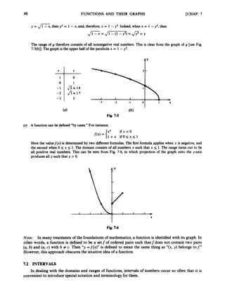 48 FUNCTIONS AND THEIR GRAPHS
1
0
- 1
- 2
-3
[CHAP. 7
0
1
fi 5 1.4
fi z 1.7
2
y = ,
/
=
,
then y2 = 1 - x, and, therefore,x = 1 - y2. Indeed, when x = 1 -y2, then
The range of g therefore consists of all nonnegative real numbers. This is clear from the graph of g [see Fig.
7-5(b)].
The graph is the upper half of the parabola x = 1 -y2.
tY
-1 
-’ O I
-3 -2 1 X
(e) A function can be defined “by cases.” For instance,
x2 i f x < o
l + x i f 0 s x s l
Here the valuef(x) is determined by two different formulas.The first formula applies when x is negative, and
the second when 0 5 x s 1. The domain consists of all numbers x such that x 5 1. The range turns out to be
all positive real numbers. This can be seen from Fig. 7-6, in which projection of the graph onto the y-axis
produces all y such that y > 0. .
1 I 1 )
X
Fig. 7-6
Note: In many treatments of the foundations of mathematics, a function is identified with its graph. In
other words, a function is defined to be a setfof ordered pairs such thatfdoes not contain two pairs
(a, b) and (a, c) with b # c. Then “y =j(x))’ is defined to mean the same thing as “(x, y) belongs to 5’’
However, this approach obscures the intuitive idea of a function.
7.2 INTERVALS
convenient to introduce special notation and terminology for them.
In dealing with the domains and ranges of functions, intervals of numbers occur so often that it is
 