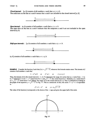 CHAP. 73 FUNCTIONS AND THEIR GRAPHS 49
Closedintend: [a,b] consists ofall numbers x such that a 5 x 5 b.
The solid dots on the line at a and b means that a and b are included in the closed interval [a, b].
a b
Openintend: (a,b)consists ofall numbers x such that a < x < b.
The open dots on the line at a and b indicate that the endpoints a and b are not included in the open
interval (a,b).
a b
n n
W
Hdf+pen intervals: [a,b)consists ofall numbers x such that a 5 x < b.
a b
(a,b] consists of all numbers x such that a < x s b.
EXAMPLE Consider the functionfsuch thatf(x) = ,
/
=
,
whenever this formula makes sense. The domain off
consists of all numbers x such that
1 - x 2 2 0 or x’11 or - I S X S ~
Thus, the domain off is the closed interval [-1, 13. To determine the range off; notice that as x varies from -1 to
0, x2varies from 1 to 0, 1 - x2 varies from 0 to 1, and ,
/
=
also varies from 0 to 1. Similarly,as x varies from 0
to 1, ,
/
=
varies from 1 to 0. Hence, the range offis the closed interval [0, 13. This is confirmed by looking at
the graph of the equation y = ,
/
=
in Fig. 7-7. This is a semicircle. In fact, the circle x2 +y2 = 1 is equivalent
to
y2 = 1 - x2 or y = +JC7
The value of the functionfcorresponds to the choice of the + sign and gives the upper half of the circle.
- 1
O I
Fig. 7-7
 