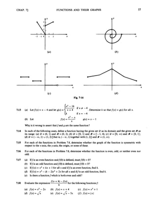 CHAP. 71
-2 - 1 0
FUNCTIONS AND THEIR GRAPHS
w
1 2 X
t Y
I1
X
T'
tY
(4
Fig. 7-16
x2 - 16
i f x # -4
i f x = -4
7.13 (a) Letf(x) = x - 4 and let g(x) = .Determine k so that f ( x ) = g(x) for all x.
X L - x
(b) Let f(4= 7 g(x) = x - 1
Why is it wrong to assert thatfand g are the same function?
7.14 In each of the following cases, define a function having the given set 9 as its domain and the given set 9 as
its range: (a) 9 = (0, 1) and 9 = (0, 2); (b) 9 = [0, 1) and 41 = [- 1
, 4); (c) 9 = [0, 00) and 9 = (0, 1);
(6)9 = (-CO, 1) U (1,2) [that is, (-CO, 1)together with (1,2)] and 41 = (1, CO).
7.15 For each of the functions in Problem 7.8, determine whether the graph of the function is symmetric with
respect to the x-axis, the y-axis, the origin, or none of these.
7.16 For each of the functions in Problem 7.8, determine whether the function is even, odd, or neither even nor
odd.
7.17 (a) Iffis an even function andf(0) is defined, mustf(0) = O?
(b) Iffis an odd function andf(0) is defined, mustf(0) = O?
(c) Iff(x) = x2 +kx + 1for all x and iffis an even function,find k.
(d) Iff(x) = x3 - (k- 2)x2 +2x for all x and iffis an odd function,find k.
(e) Is there a functionfwhich is both even and odd?
7.18 Evaluate the expression f ( x + h,
h
for the following functions$
 