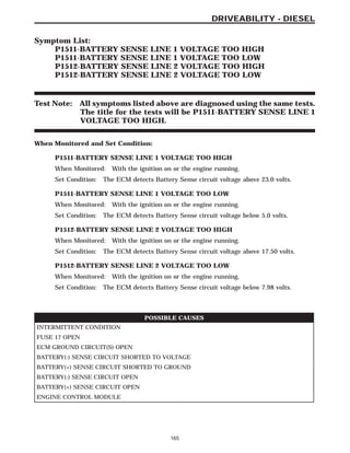 Symptom List:
P1511-BATTERY SENSE LINE 1 VOLTAGE TOO HIGH
P1511-BATTERY SENSE LINE 1 VOLTAGE TOO LOW
P1512-BATTERY SENSE LINE 2 VOLTAGE TOO HIGH
P1512-BATTERY SENSE LINE 2 VOLTAGE TOO LOW
Test Note: All symptoms listed above are diagnosed using the same tests.
The title for the tests will be P1511-BATTERY SENSE LINE 1
VOLTAGE TOO HIGH.
When Monitored and Set Condition:
P1511-BATTERY SENSE LINE 1 VOLTAGE TOO HIGH
When Monitored: With the ignition on or the engine running.
Set Condition: The ECM detects Battery Sense circuit voltage above 23.0 volts.
P1511-BATTERY SENSE LINE 1 VOLTAGE TOO LOW
When Monitored: With the ignition on or the engine running.
Set Condition: The ECM detects Battery Sense circuit voltage below 5.0 volts.
P1512-BATTERY SENSE LINE 2 VOLTAGE TOO HIGH
When Monitored: With the ignition on or the engine running.
Set Condition: The ECM detects Battery Sense circuit voltage above 17.50 volts.
P1512-BATTERY SENSE LINE 2 VOLTAGE TOO LOW
When Monitored: With the ignition on or the engine running.
Set Condition: The ECM detects Battery Sense circuit voltage below 7.98 volts.
POSSIBLE CAUSES
INTERMITTENT CONDITION
FUSE 17 OPEN
ECM GROUND CIRCUIT(S) OPEN
BATTERY(-) SENSE CIRCUIT SHORTED TO VOLTAGE
BATTERY(+) SENSE CIRCUIT SHORTED TO GROUND
BATTERY(-) SENSE CIRCUIT OPEN
BATTERY(+) SENSE CIRCUIT OPEN
ENGINE CONTROL MODULE
165
DRIVEABILITY - DIESEL
 