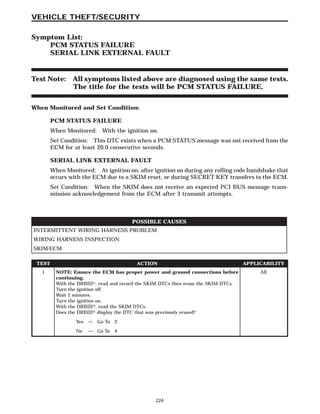 Symptom List:
PCM STATUS FAILURE
SERIAL LINK EXTERNAL FAULT
Test Note: All symptoms listed above are diagnosed using the same tests.
The title for the tests will be PCM STATUS FAILURE.
When Monitored and Set Condition:
PCM STATUS FAILURE
When Monitored: With the ignition on.
Set Condition: This DTC exists when a PCM STATUS message was not received from the
ECM for at least 20.0 consecutive seconds.
SERIAL LINK EXTERNAL FAULT
When Monitored: At ignition on, after ignition on during any rolling code handshake that
occurs with the ECM due to a SKIM reset, or during SECRET KEY transfers to the ECM.
Set Condition: When the SKIM does not receive an expected PCI BUS message trans-
mission acknowledgement from the ECM after 3 transmit attempts.
POSSIBLE CAUSES
INTERMITTENT WIRING HARNESS PROBLEM
WIRING HARNESS INSPECTION
SKIM/ECM
TEST ACTION APPLICABILITY
1 NOTE: Ensure the ECM has proper power and ground connections before
continuing.
With the DRBIII௡, read and record the SKIM DTCs then erase the SKIM DTCs.
Turn the ignition off.
Wait 2 minutes.
Turn the ignition on.
With the DRBIII௡, read the SKIM DTCs.
Does the DRBIII௡ display the DTC that was previously erased?
All
Yes → Go To 2
No → Go To 4
224
VEHICLE THEFT/SECURITY
 