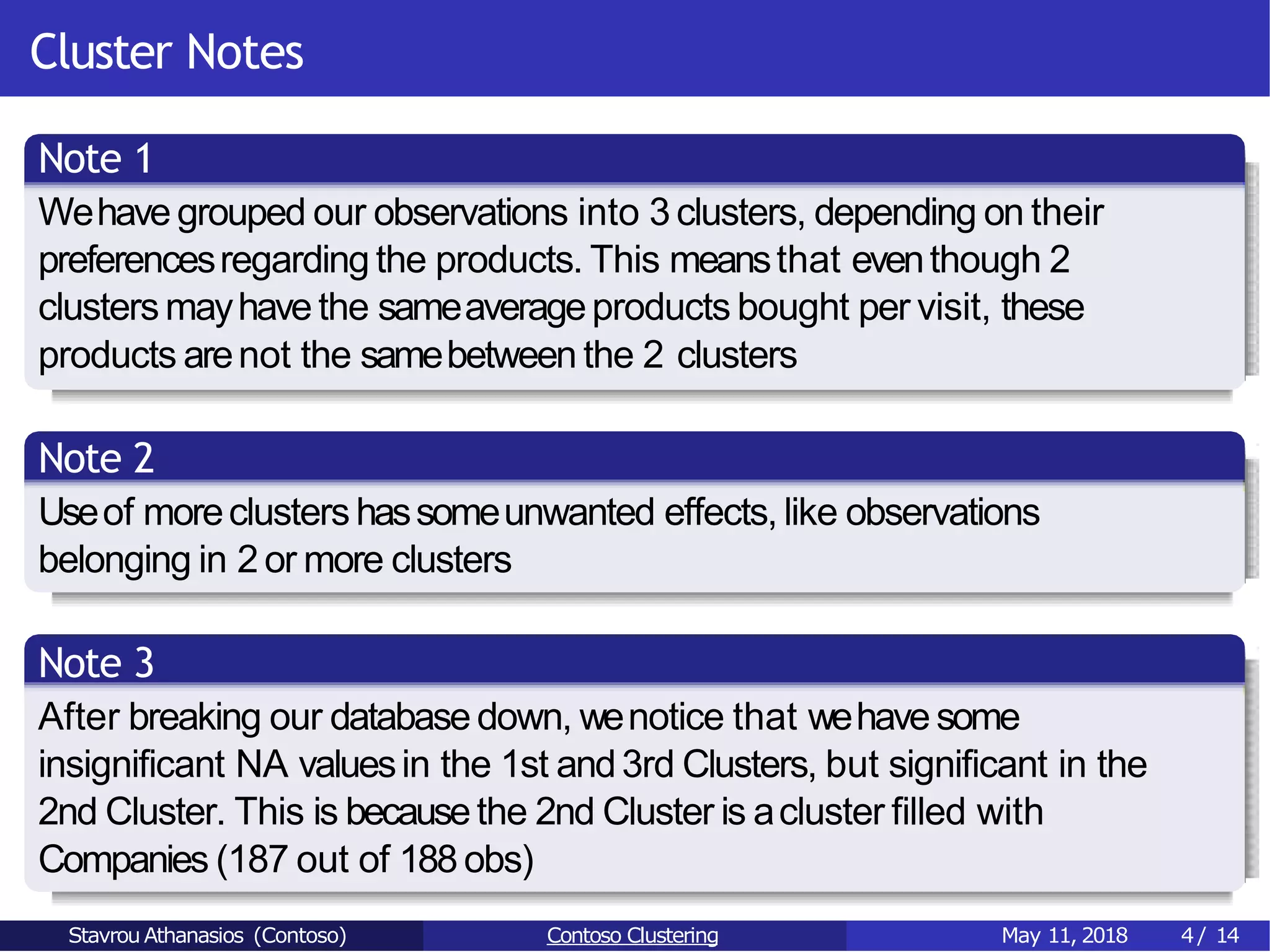 Cluster Notes
Note 1
Wehave grouped our observations into 3 clusters, depending on their
preferencesregarding the products. This meansthat eventhough 2
clustersmayhavethe sameaverageproducts bought per visit, these
products arenot the samebetween the 2 clusters
Note 2
Useof moreclustershassomeunwanted effects, like observations
belonging in 2 or more clusters
Note 3
After breaking our database down, wenotice that wehavesome
insignificant NA valuesin the 1st and3rd Clusters, but significant in the
2nd Cluster. This is becausethe 2nd Cluster is acluster filled with
Companies (187 out of 188 obs)
Stavrou Athanasios (Contoso) Contoso Clustering May 11, 2018 4/ 14
 