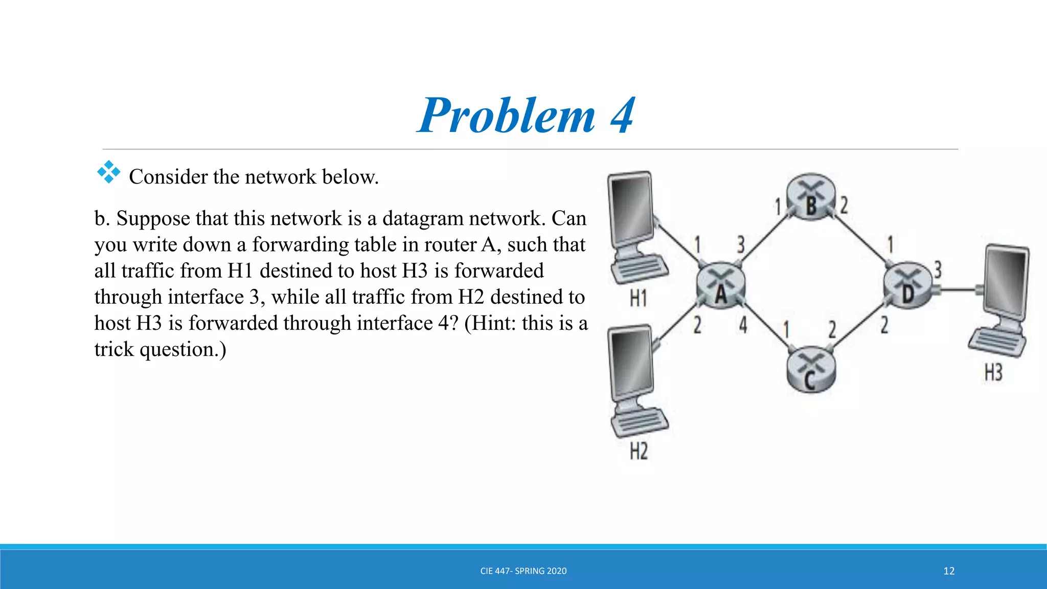 Problem 4
 Consider the network below.
b. Suppose that this network is a datagram network. Can
you write down a forwarding table in router A, such that
all traffic from H1 destined to host H3 is forwarded
through interface 3, while all traffic from H2 destined to
host H3 is forwarded through interface 4? (Hint: this is a
trick question.)
CIE 447- SPRING 2020 12
 