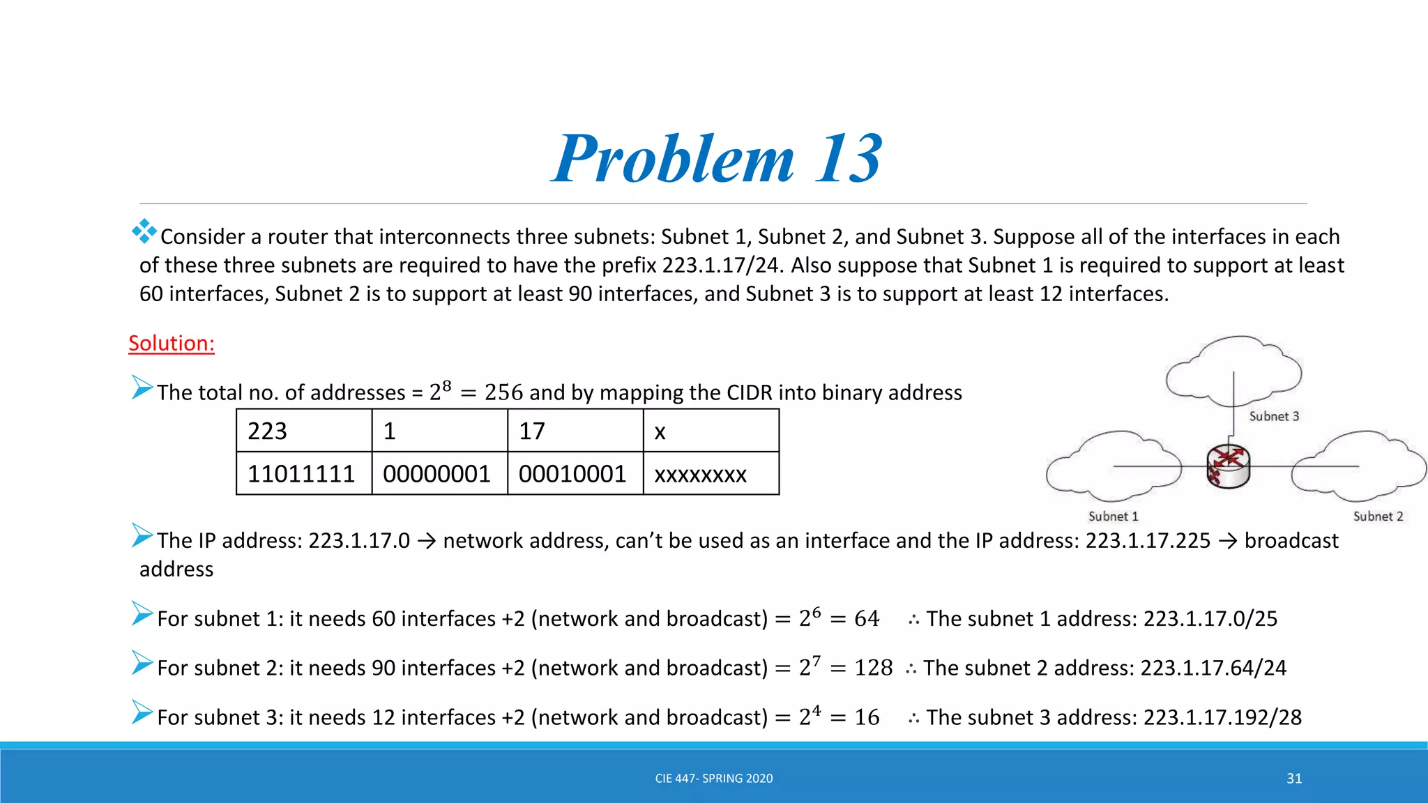 Problem 13
Consider a router that interconnects three subnets: Subnet 1, Subnet 2, and Subnet 3. Suppose all of the interfaces in each
of these three subnets are required to have the prefix 223.1.17/24. Also suppose that Subnet 1 is required to support at least
60 interfaces, Subnet 2 is to support at least 90 interfaces, and Subnet 3 is to support at least 12 interfaces.
Solution:
The total no. of addresses = 28
= 256 and by mapping the CIDR into binary address
The IP address: 223.1.17.0 → network address, can’t be used as an interface and the IP address: 223.1.17.225 → broadcast
address
For subnet 1: it needs 60 interfaces +2 (network and broadcast) = 26
= 64 ∴ The subnet 1 address: 223.1.17.0/25
For subnet 2: it needs 90 interfaces +2 (network and broadcast) = 27
= 128 ∴ The subnet 2 address: 223.1.17.64/24
For subnet 3: it needs 12 interfaces +2 (network and broadcast) = 24
= 16 ∴ The subnet 3 address: 223.1.17.192/28
CIE 447- SPRING 2020 31
223 1 17 x
11011111 00000001 00010001 xxxxxxxx
 