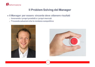 11
● Il Manager per essere vincente deve ottenere risultati
✓ Innovando i propri prodotti o i propri mercati
✓ Trovando soluzioni che lo rendano competitivo
Il Problem Solving del Manager
 