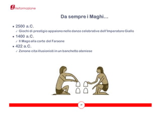 28
● 2500 a.C.
✓ Giochi di prestigio appaiono nelle danze celebrative dell’Imperatore Giallo
● 1400 a.C.
✓ Il Mago alla corte del Faraone
● 422 a.C.
✓ Zenone cita illusionisti in un banchetto ateniese
Da sempre i Maghi…
 