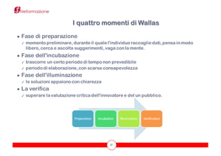 37
● Fase di preparazione
✓ momento preliminare, durante il quale l'individuo raccoglie dati, pensa in modo
libero, cerca e ascolta suggerimenti, vaga con la mente.
● Fase dell'incubazione
✓ trascorre un certo periodo di tempo non prevedibile
✓ periodo di elaborazione, con scarsa consapevolezza
● Fase dell'illuminazione
✓ le soluzioni appaiono con chiarezza
● La verifica
✓ superare la valutazione critica dell'innovatore e del un pubblico.
I quattro momenti di Wallas
 