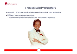 6
● Risolve i problemi conoscendo i meccanismi dell’ambiente
● Il Mago è una persona onesta
✓ Promette di ingannarvi e fa di tutto per mantenere la promessa
Il mestiere del Prestigiatore
 