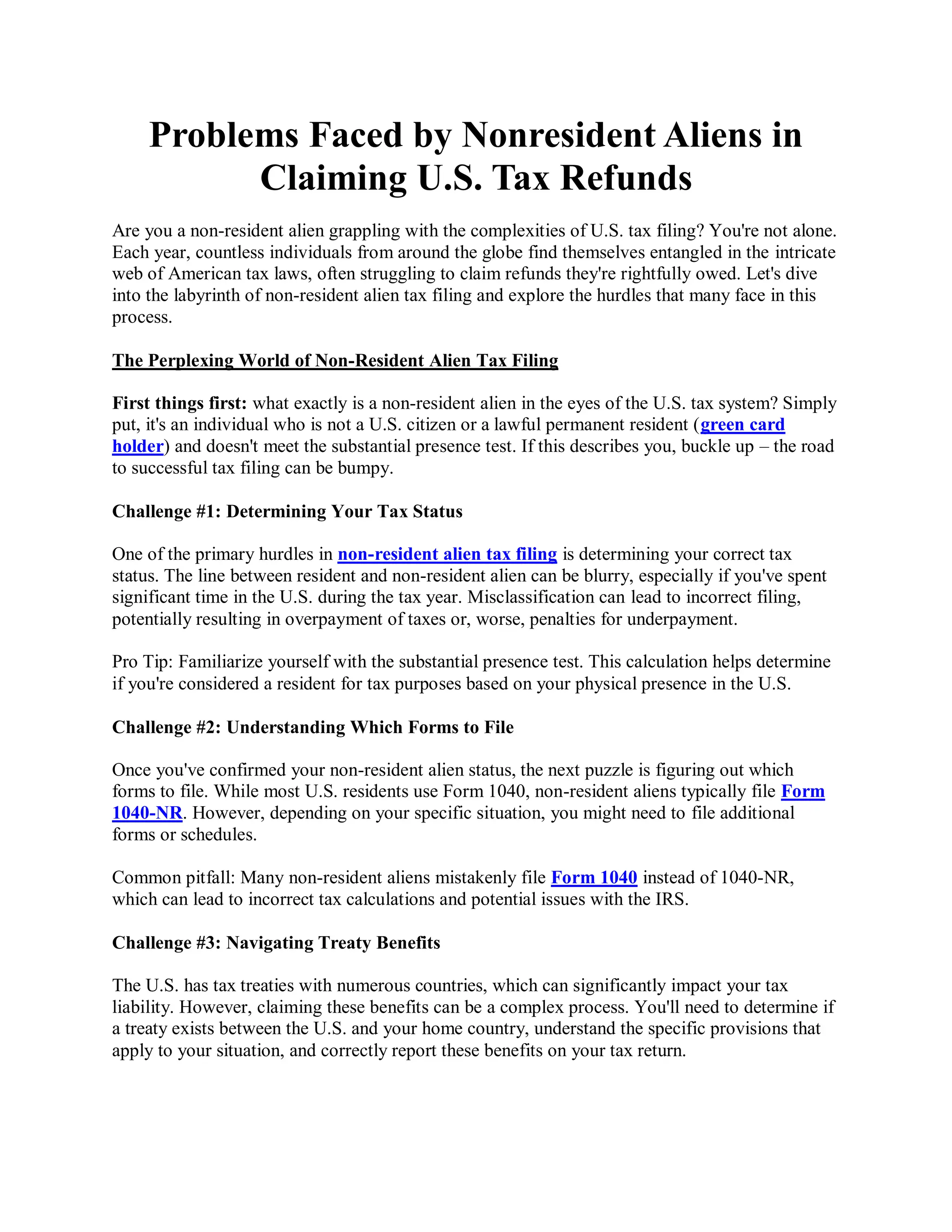 Problems Faced by Nonresident Aliens in Claiming U.S. Tax Refunds PDF