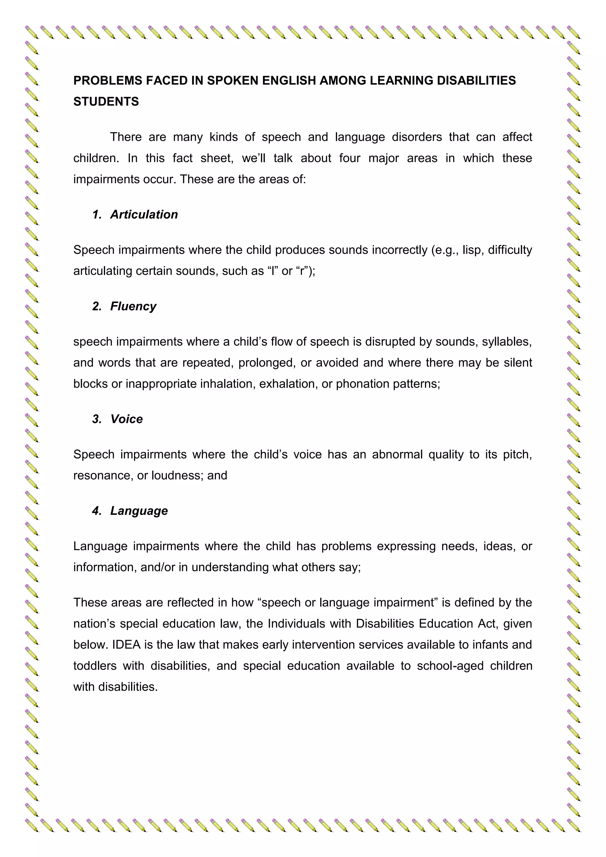 Problems Faced In Spoken English Among Learning Disabilities Students Pdf