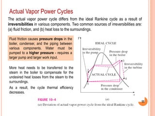 11
Actual Vapor Power Cycles
The actual vapor power cycle differs from the ideal Rankine cycle as a result of
irreversibilities in various components. Two common sources of irreversibilities are:
(a) fluid friction, and (b) heat loss to the surroundings.
Fluid friction causes pressure drops in the
boiler, condenser, and the piping between
various components. Water must be
pumped to a higher pressure - requires a
larger pump and larger work input.
More heat needs to be transferred to the
steam in the boiler to compensate for the
undesired heat losses from the steam to the
surroundings.
As a result, the cycle thermal efficiency
decreases.
 
